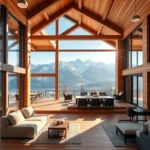The warm wood tones of the cabin contrast beautifully with vibrant green trees and majestic blue mountains under a clear sky.