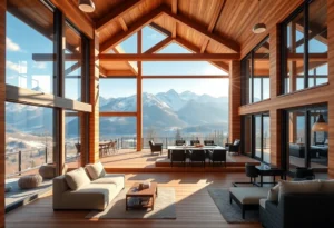 The warm wood tones of the cabin contrast beautifully with vibrant green trees and majestic blue mountains under a clear sky.