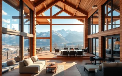 The warm wood tones of the cabin contrast beautifully with vibrant green trees and majestic blue mountains under a clear sky.