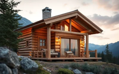 log cabin - Warm wooden tones envelop the cabin, surrounded by lush greenery, creating a serene and inviting atmosphere perfect for relaxation.