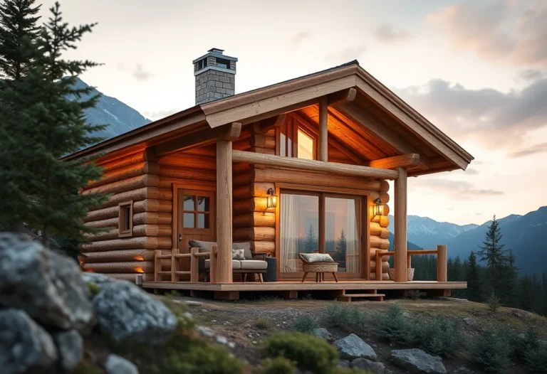 log cabin - Warm wooden tones envelop the cabin, surrounded by lush greenery, creating a serene and inviting atmosphere perfect for relaxation.