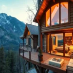 Warm wood textures, soft natural light, and vibrant foliage create a serene, inviting atmosphere in Luxury Treehouse Cabins.