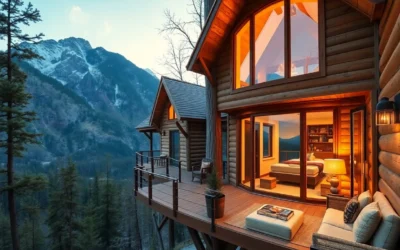 Warm wood textures, soft natural light, and vibrant foliage create a serene, inviting atmosphere in Luxury Treehouse Cabins.