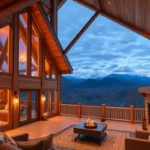 Mountain View Cabins - Warm wooden textures blend with vibrant greens and misty blues, creating a serene, inviting atmosphere in the Smoky Mountains.