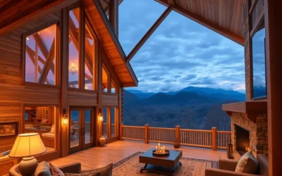 Mountain View Cabins - Warm wooden textures blend with vibrant greens and misty blues, creating a serene, inviting atmosphere in the Smoky Mountains.