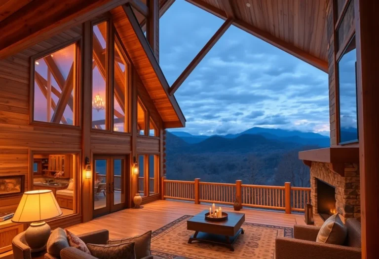 Mountain View Cabins - Warm wooden textures blend with vibrant greens and misty blues, creating a serene, inviting atmosphere in the Smoky Mountains.
