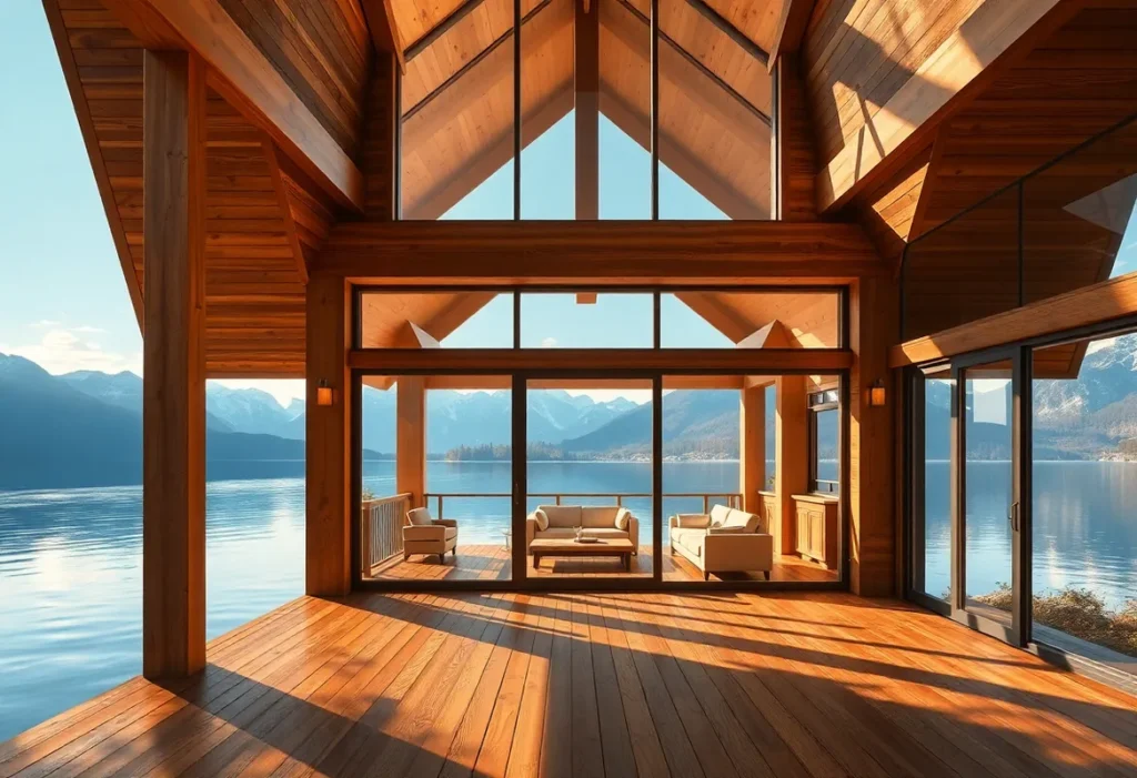 Lakefront Cabin Rentals - A tranquil scene with rustic wooden cabins framed by vibrant green trees and shimmering lake waters, evoking peace and adventure.
