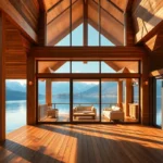 Lakefront Cabin Rentals - A tranquil scene with rustic wooden cabins framed by vibrant green trees and shimmering lake waters, evoking peace and adventure.