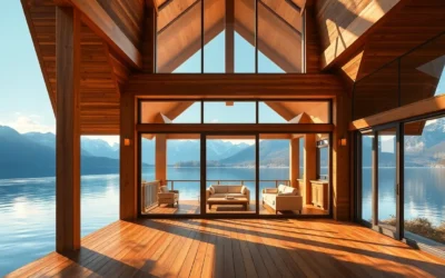 Lakefront Cabin Rentals - A tranquil scene with rustic wooden cabins framed by vibrant green trees and shimmering lake waters, evoking peace and adventure.
