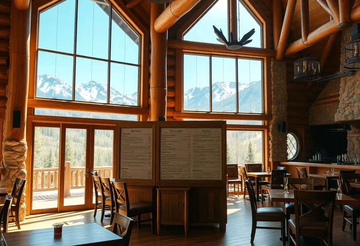 Prepping Fresh Cabin Delights Cozy log cabin restaurant with rustic wooden interiors and warm lighting.