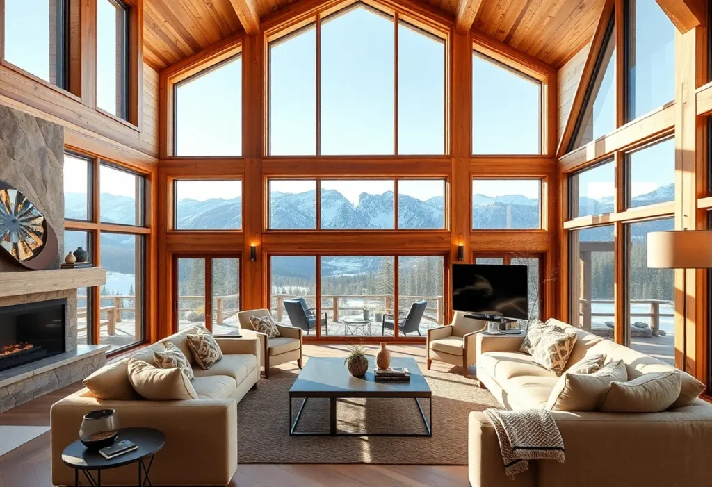 Soft beige walls, rich wooden beams, and plush fabrics create a warm, inviting atmosphere perfect for relaxation in A-Frame Cabins.