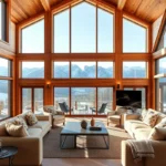 Soft beige walls, rich wooden beams, and plush fabrics create a warm, inviting atmosphere perfect for relaxation in A-Frame Cabins.