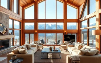 Soft beige walls, rich wooden beams, and plush fabrics create a warm, inviting atmosphere perfect for relaxation in A-Frame Cabins.