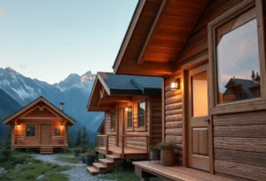 Tiny House Cabins - Warm wood tones and soft green foliage create a cozy, inviting vibe, perfect for peaceful living and relaxation in nature.