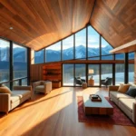 Warm wood tones contrast with sleek glass, creating a cozy yet contemporary vibe in these stunning modern cabin rentals.