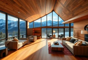 Warm wood tones contrast with sleek glass, creating a cozy yet contemporary vibe in these stunning modern cabin rentals.