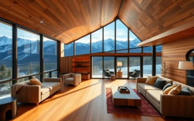Warm wood tones contrast with sleek glass, creating a cozy yet contemporary vibe in these stunning modern cabin rentals.