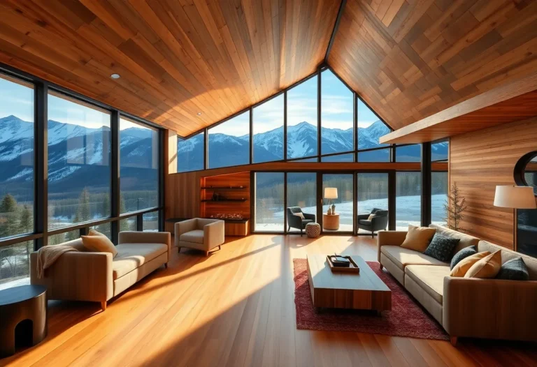 Warm wood tones contrast with sleek glass, creating a cozy yet contemporary vibe in these stunning modern cabin rentals.