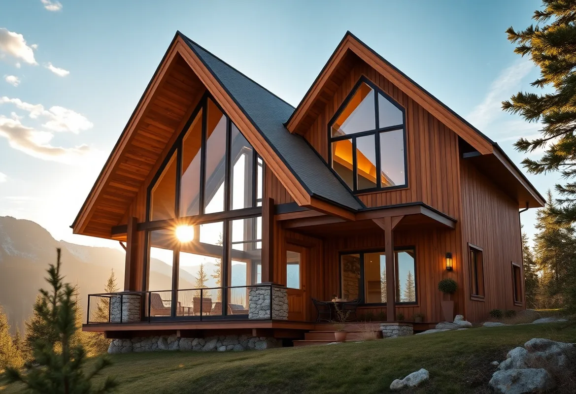 A modern A-Frame cabin nestled in a lush green forest.