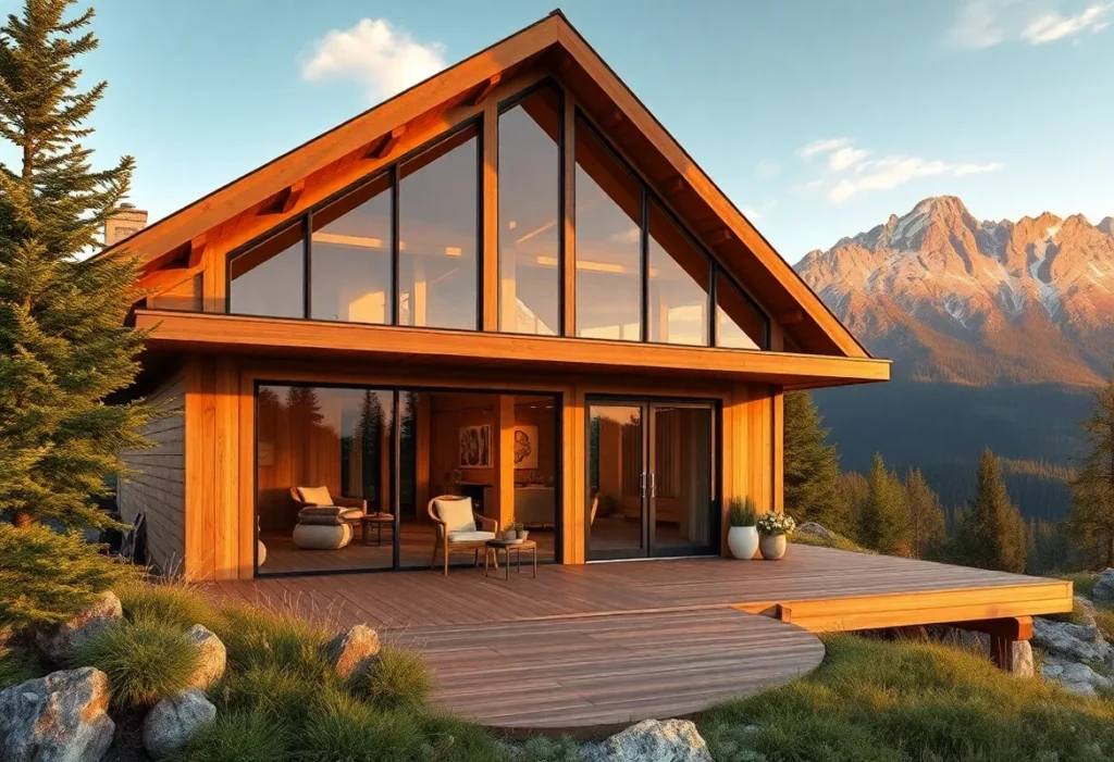Off-Grid Cabins - Warm wooden textures blend with vibrant greens, creating a tranquil vibe perfect for escaping into nature's embrace.