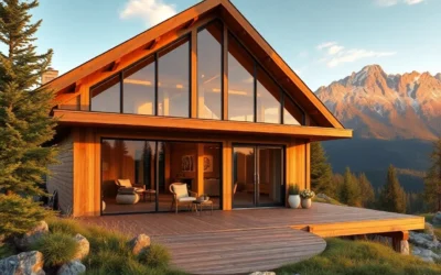 Off-Grid Cabins - Warm wooden textures blend with vibrant greens, creating a tranquil vibe perfect for escaping into nature's embrace.